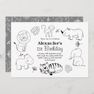 Cute Minimalist Jungle Safari Animals 1st Birthday Invitation
