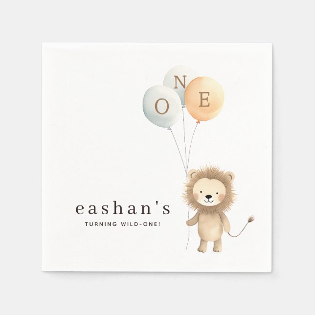 Cute  Minimalist  Little Lion 1st Birthday Party Napkins (Front)