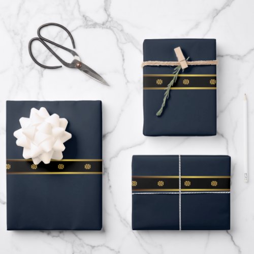 Cute Minimalist Navy Blue Black And Gold Geometric Wrapping Paper Sheets