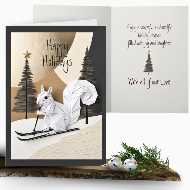 Cute Minimalist Origami Christmas Squirrel Skiis Card (Creator Uploaded)