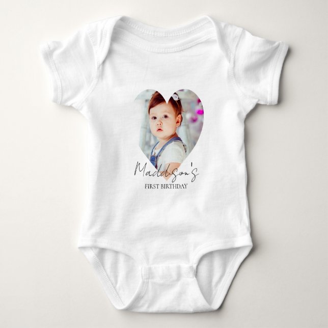 Cute Minimalist Photo First Birthday Party Baby Bodysuit (Front)