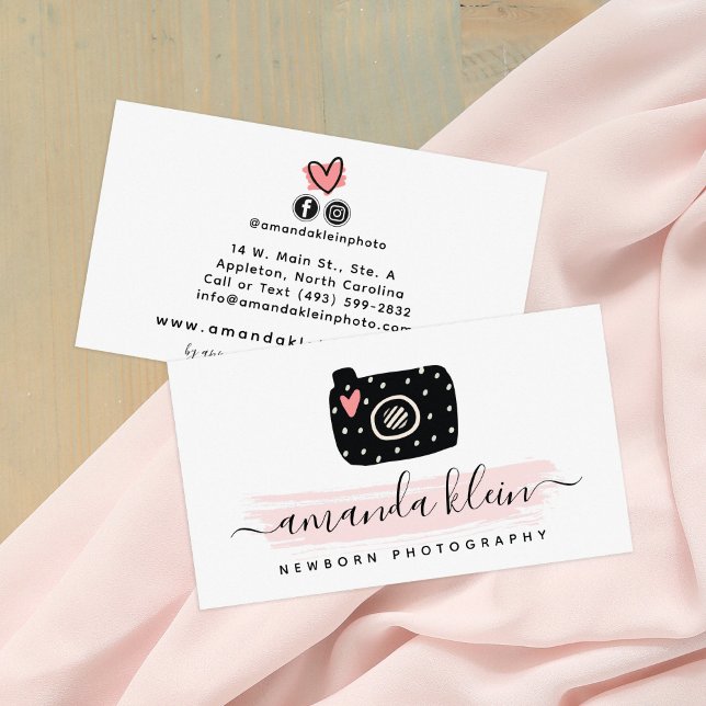 Cute Minimalist Photographer Camera Black & Pink Business Card (Creator Uploaded)