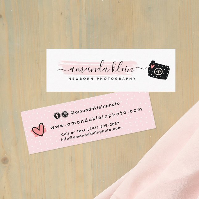 Cute Minimalist Photographer Camera Black & Pink Mini Business Card (Creator Uploaded)