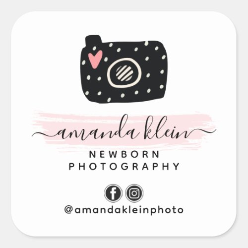 Cute Minimalist Photographer Camera Black  Pink Square Sticker