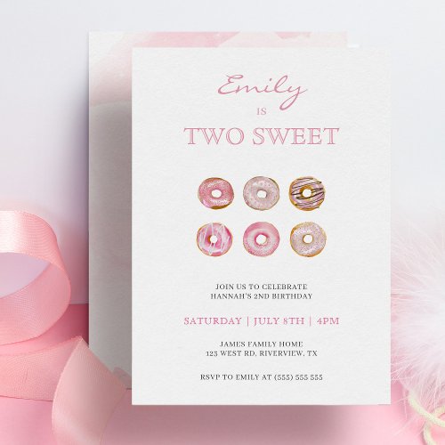Cute Minimalist Pink Donuts 2nd Birthday Invitation