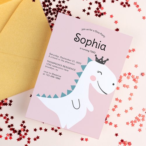 Cute Minimalist Pink Girl Dinosaur Birthday Party Invitation