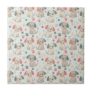 Cute Minimalist Puppy and Paw Print Design Pattern Ceramic Tile