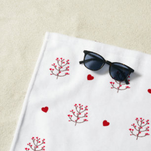 Cute Minimalist Red And White Love Heart Tree Beach Towel