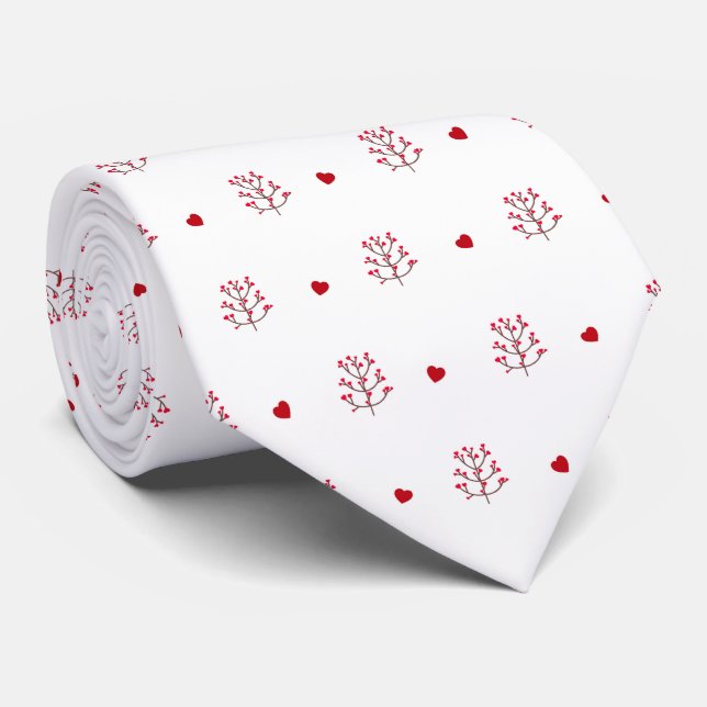 Cute Minimalist Red And White Love Heart Tree Neck Tie (Rolled)