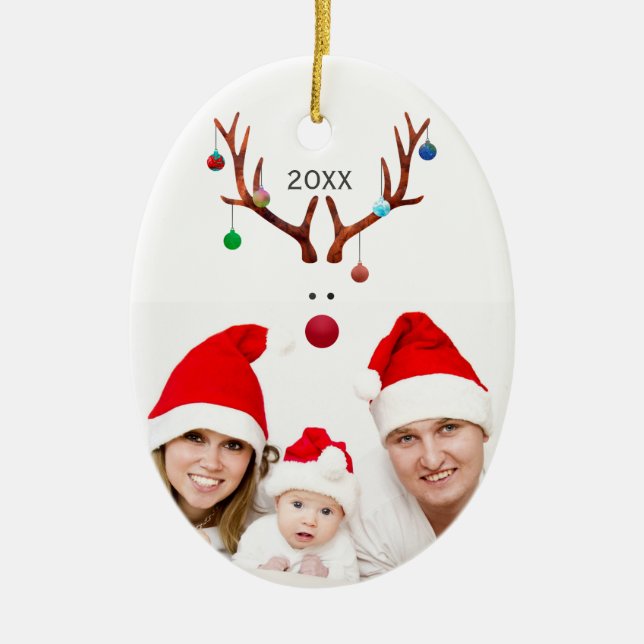 Cute Minimalist Reindeer Christmas Photo Ceramic Ornament (Front)