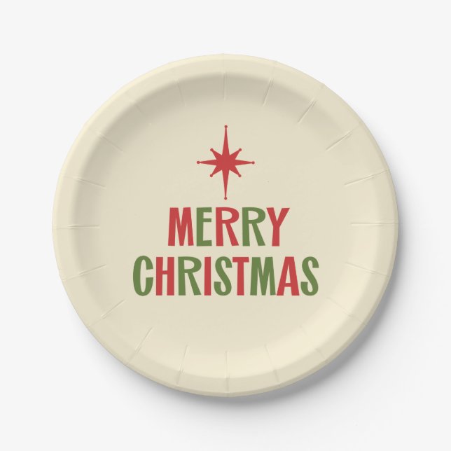 Cute Minimalist Retro Midcentury Merry Christmas Paper Plates (Front)