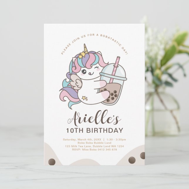 Cute Minimalist Unicorn Boba Bubble Milk Tea Invit Invitation (Standing Front)