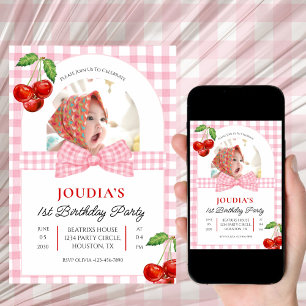 cute minimalist Watercolor Cherry First birthday Invitation