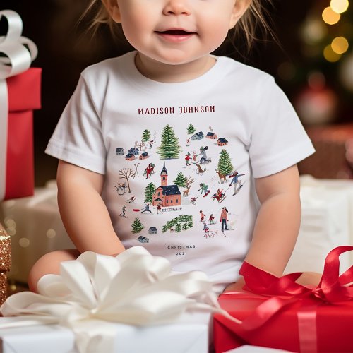 Cute Minimalistic Nordic Winter Village Christmas Baby T_Shirt