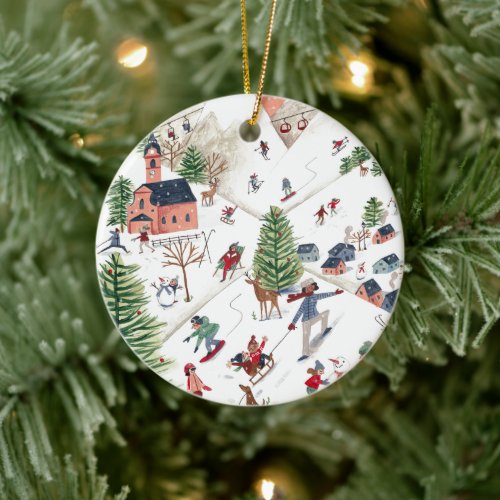 Cute Minimalistic Nordic Winter Village Christmas Ceramic Ornament