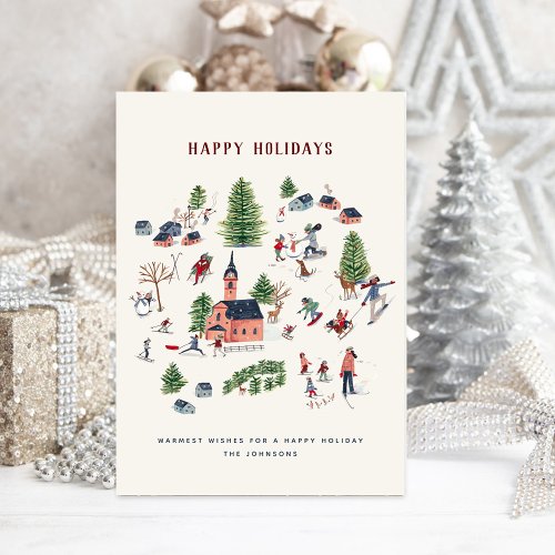 Cute Minimalistic Nordic Winter Village Christmas Holiday Card