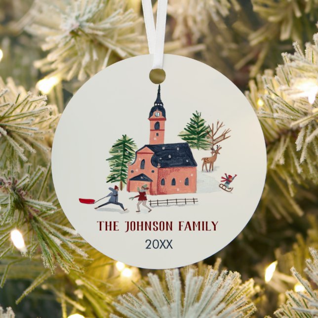 Cute Minimalistic Nordic Winter Village Christmas Metal Ornament (Insitu)