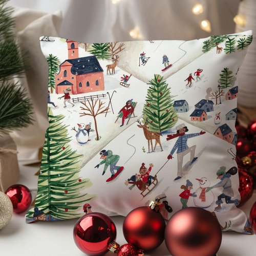Cute Minimalistic Nordic Winter Village Christmas Throw Pillow