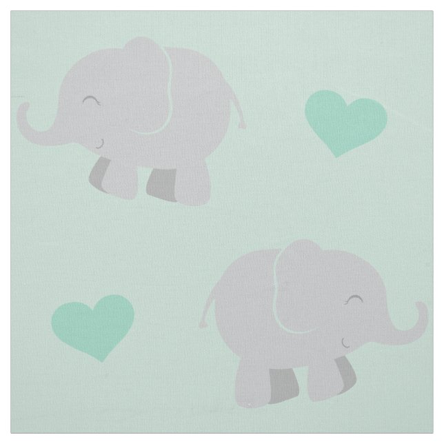 Cute Mint and Gray Elephants and Hearts Pattern Fabric (Swatch)