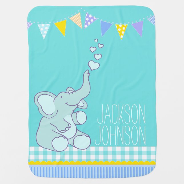 Cute mint aqua named elephant baby blanket (Front)