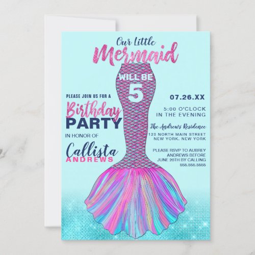 Cute Mint Blue Pink Mermaid Tail Glitter Birthday Invitation