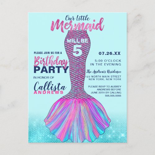 Cute Mint Blue Pink Mermaid Tail Glitter Birthday Invitation Postcard