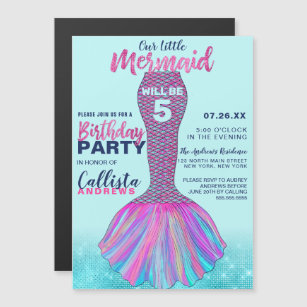 Cute Mint Blue Pink Mermaid Tail Glitter Birthday Magnetic Invitation