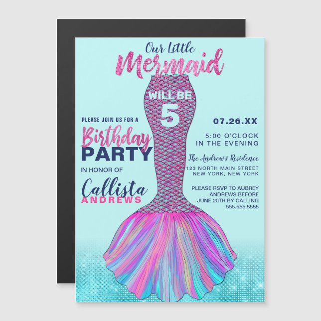 Cute Mint Blue Pink Mermaid Tail Glitter Birthday Magnetic Invitation (Front/Back)