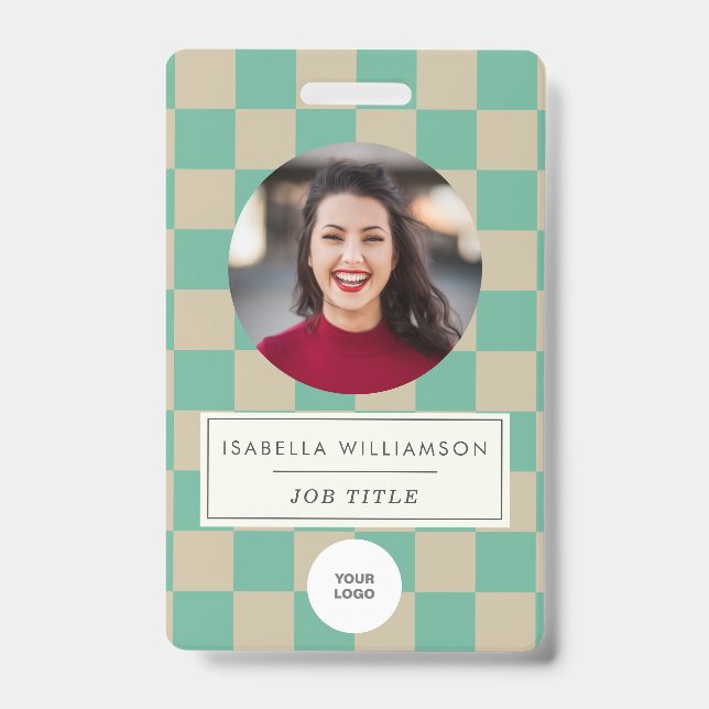 Cute Mint Checkerboard Employee Photo ID  Badge (Front)