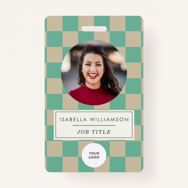 Cute Mint Checkerboard Employee Photo ID  Badge (Front)