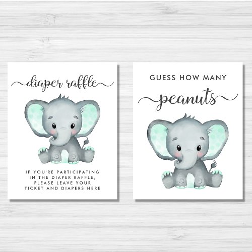 Cute Mint Elephant Baby Shower Games Poster Set