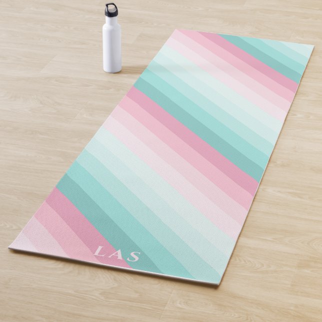 Cute Mint Green and Blush Pink Diagonal Stripe Yoga Mat (In Situ)