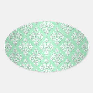 Cute Mint Green and White Floral Damask Pattern Oval Sticker