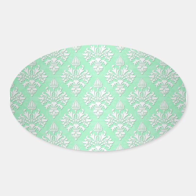 Cute Mint Green and White Floral Damask Pattern Oval Sticker (Front)