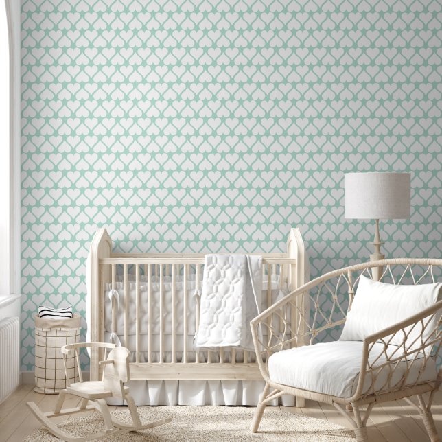 Cute Mint Green and White Hearts Pattern Wallpaper (Kids)