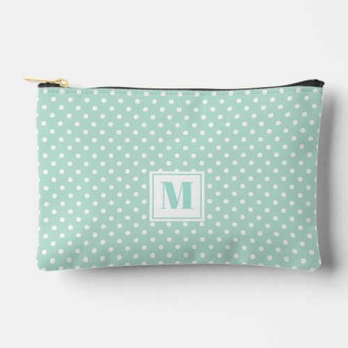 Cute Mint Green and White Polkadots Monogrammed Accessory Pouch