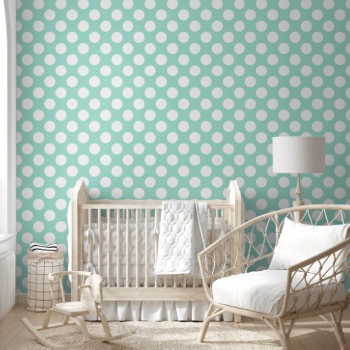 Cute Mint Green and White Polkadots Pattern Wallpaper