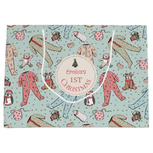 Cute Mint Green Baby's First Christmas Custom Large Gift Bag