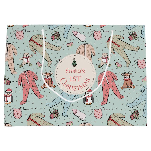 Cute Mint Green Baby's First Christmas Custom Large Gift Bag (Front)