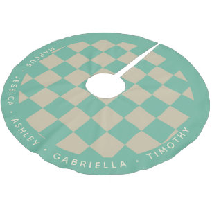 Cute Mint Green Checkerboard Personalized Names Brushed Polyester Tree Skirt