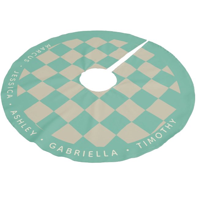 Cute Mint Green Checkerboard Personalized Names Brushed Polyester Tree Skirt (Angled)