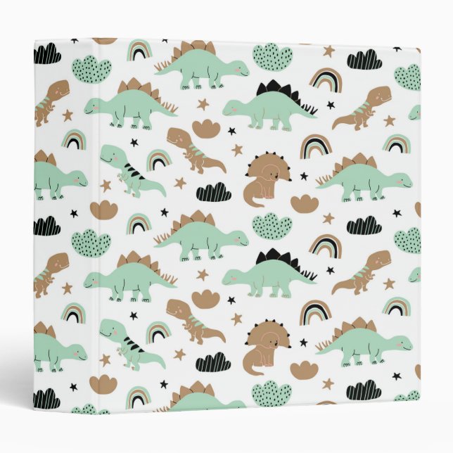 Cute Mint Green Dinosaur Pattern 3 Ring Binder (Front/Spine)