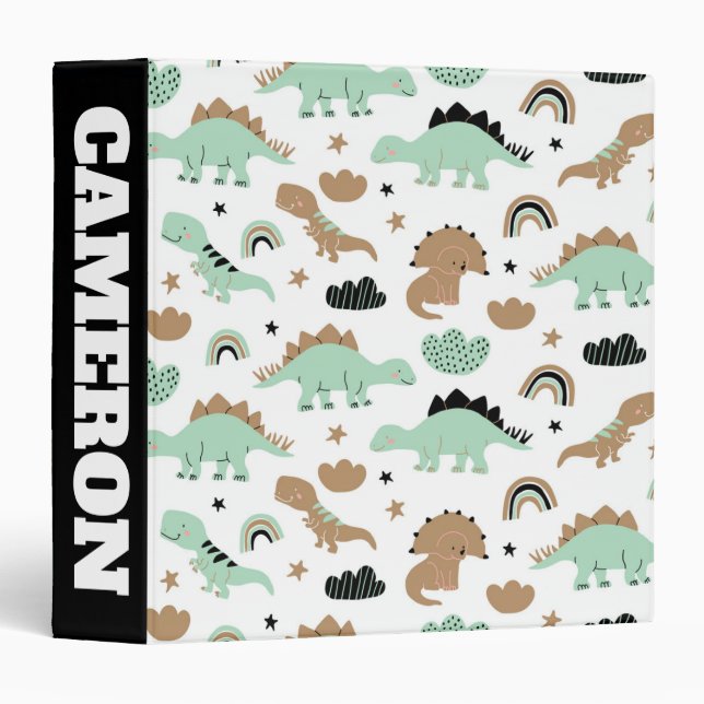 Cute Mint Green Dinosaur Pattern 3 Ring Binder (Front/Spine)