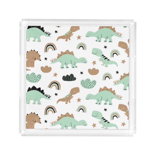 Cute Mint Green Dinosaur Pattern Acrylic Tray (Front)