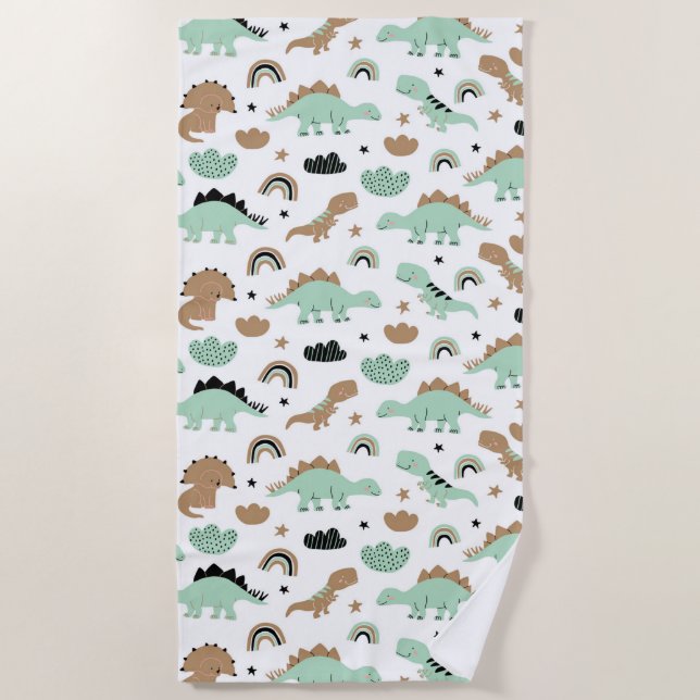Cute Mint Green Dinosaur Pattern Beach Towel (Front)