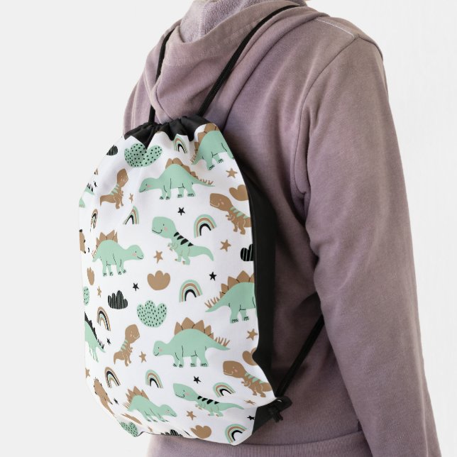 Cute Mint Green Dinosaur Pattern Drawstring Bag (Insitu)