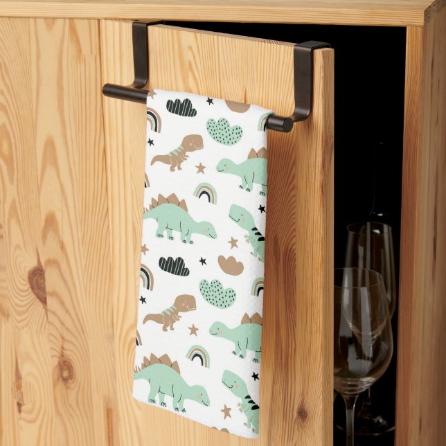 Cute Mint Green Dinosaur Pattern Kitchen Towel (Thirds Fold)