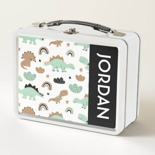 Cute Mint Green Dinosaur Pattern Metal Lunch Box (Front)