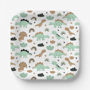 Cute Mint Green Dinosaur Pattern Paper Plates