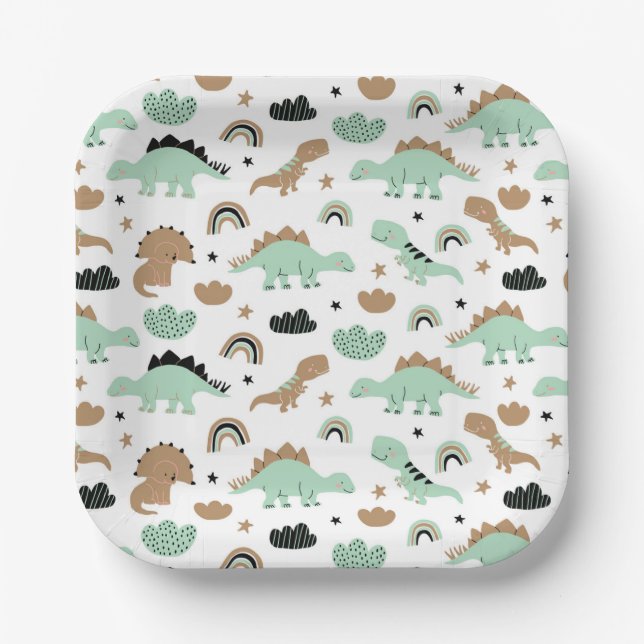 Cute Mint Green Dinosaur Pattern Paper Plates (Front)